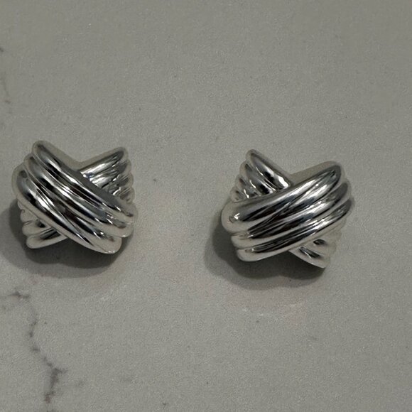 J. Crew Puffy Crisscross Stud Earrings 7/8" long Color: Silver Mirror - Picture 2 of 5